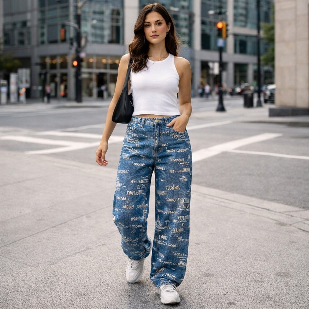 WE11DONE All-Over Logo Wide Leg Jeans M Blue Korean Designer Streetwear Denim